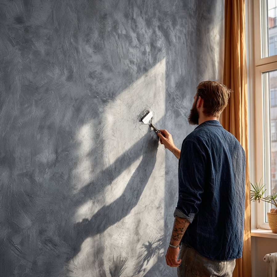 Spachteltechnik an einer grauen Wand – kreative Wandgestaltung